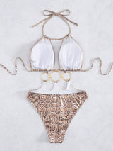 Swim SXY New European &amp; American Women Snake Skin Pattern Special Material Ring Shoulder Strap Sexy One-Piece Swimsuit