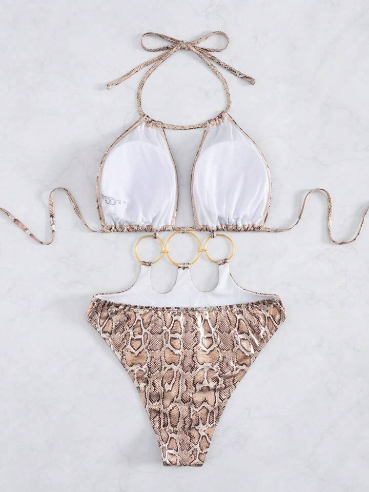 Swim SXY New European &amp; American Women Snake Skin Pattern Special Material Ring Shoulder Strap Sexy One-Piece Swimsuit