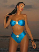 Swim SXY Women Sexy Metal Double Straps Shell High Waist Beach Swimsuit Outfit