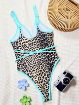 Swim SXY Women's Sexy Leopard Print Color Block Cross Front Tie V-Neck One Piece Swimsuit
