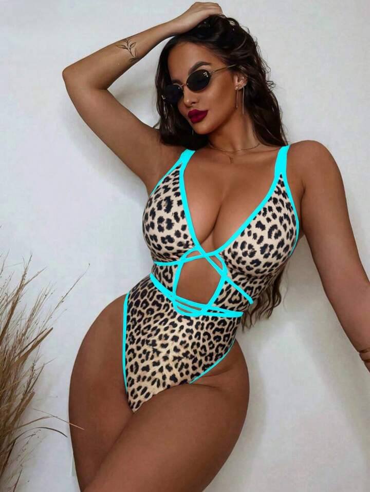 Swim SXY Women's Sexy Leopard Print Color Block Cross Front Tie V-Neck One Piece Swimsuit