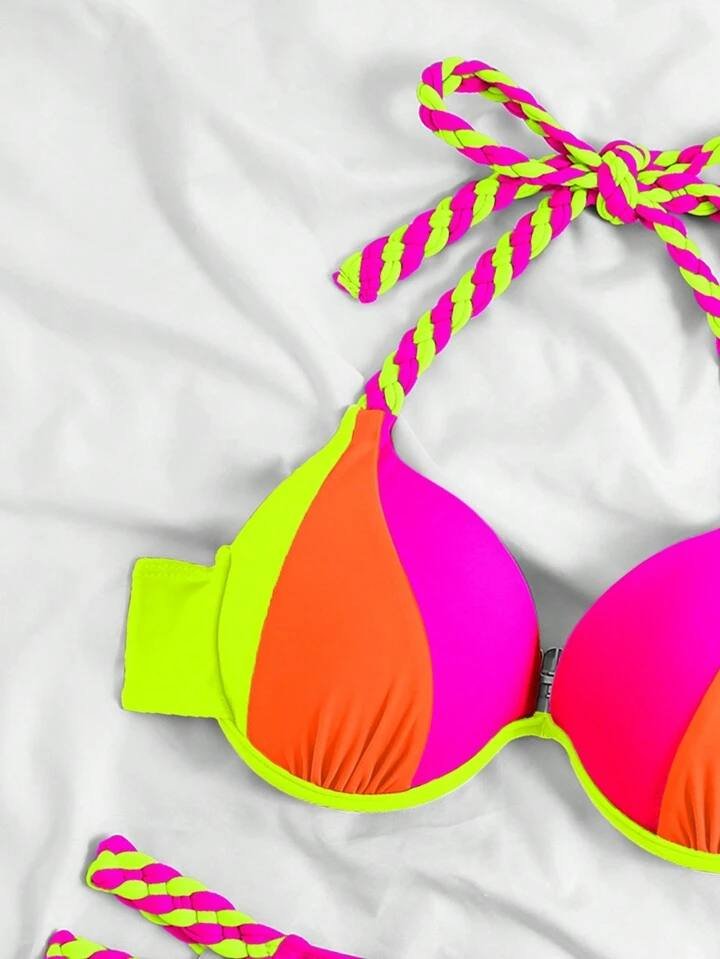 Swim Vcay Women's Summer Beach Color-Block Halter Strap Sexy Bikini Set, Printed (Random)