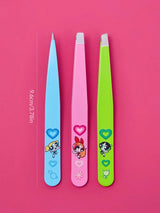 THE POWERPUFF GIRLS X SHEIN 3pcs Heart Patterned Colorful Eyebrow Tweezer Set
