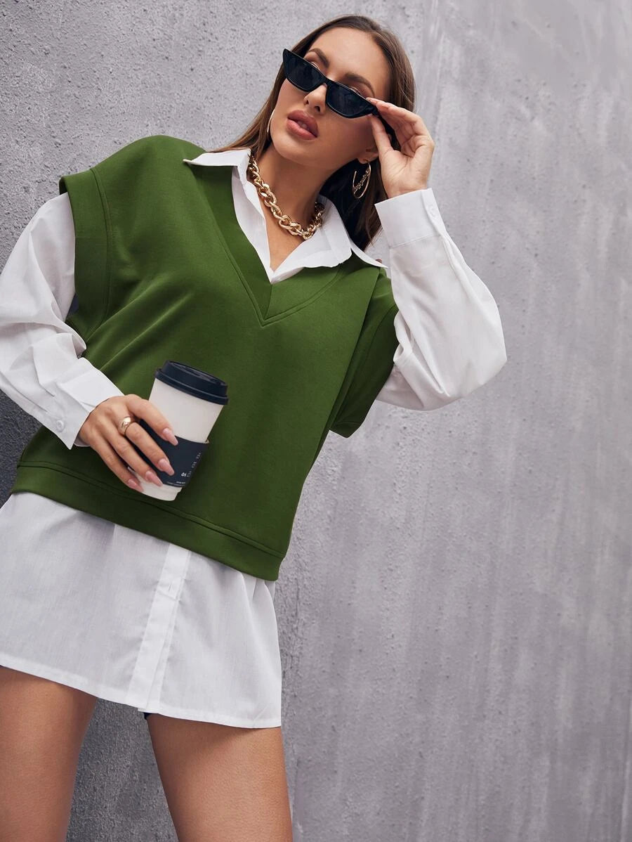 V Neck Solid Sweatshirt Without Blouse