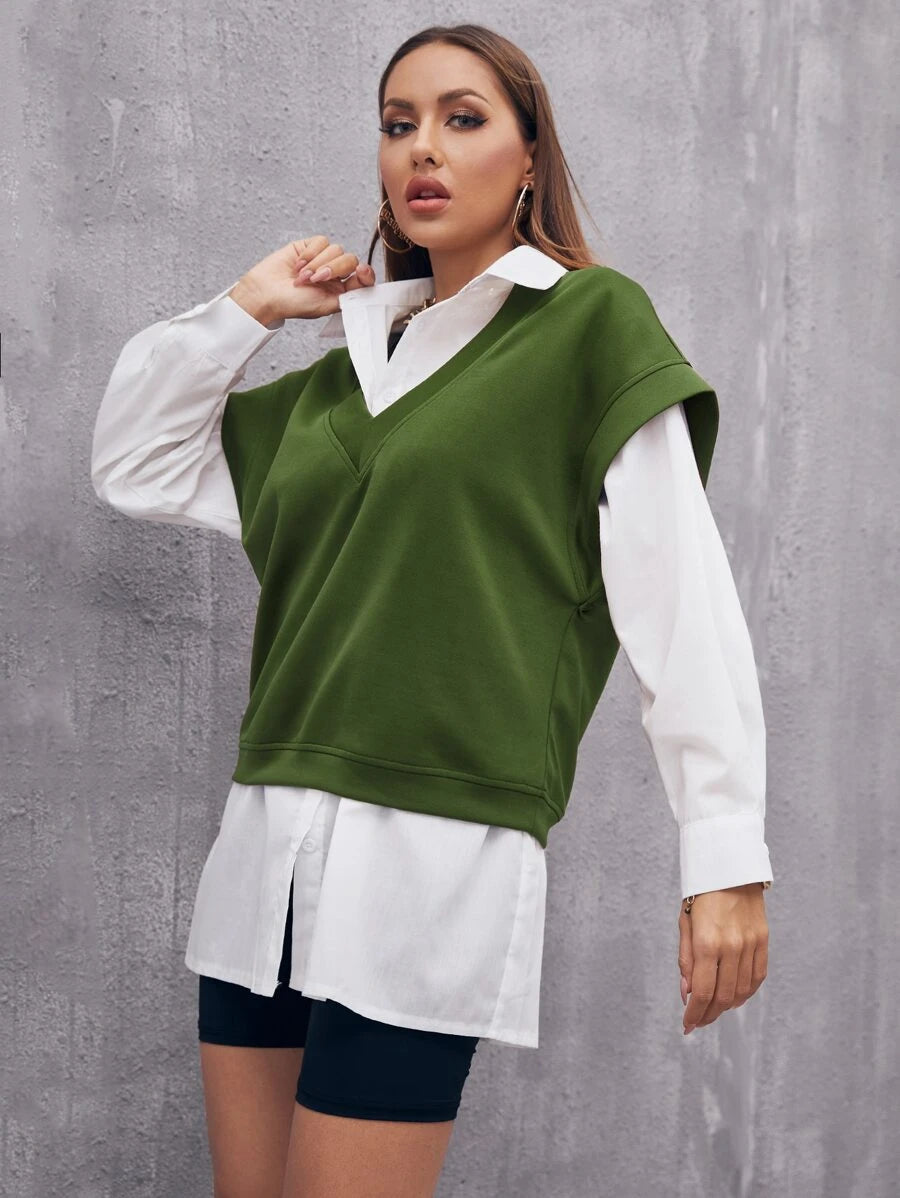 V Neck Solid Sweatshirt Without Blouse