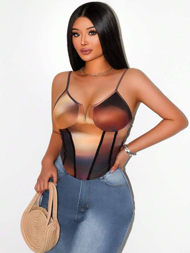 Women Spring/Summer New Sexy Sleeveless V-Neck Halting Halo Printed Vest