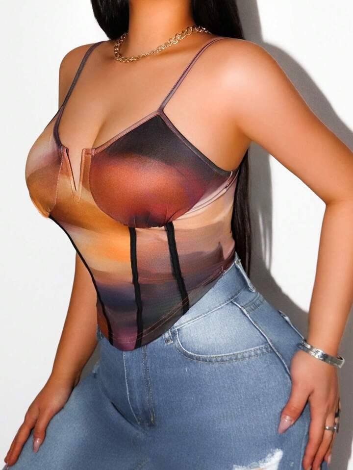 Women Spring/Summer New Sexy Sleeveless V-Neck Halting Halo Printed Vest
