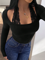 Women's Black Lace Halter Neck Long Sleeve Top Slim Fit Deep U-Neck Tight-Fitting Sexy Base Layer
