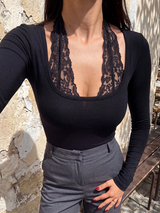 Women's Black Lace Halter Neck Long Sleeve Top Slim Fit Deep U-Neck Tight-Fitting Sexy Base Layer