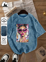 Women's Casual Retro Pop Art Girl Print Washed Round Neck Short Sleeve T-Shirt