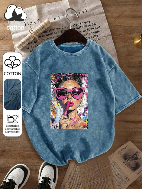 Women's Casual Retro Pop Art Girl Print Washed Round Neck Short Sleeve T-Shirt