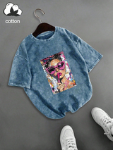 Women's Casual Retro Pop Art Girl Print Washed Round Neck Short Sleeve T-Shirt