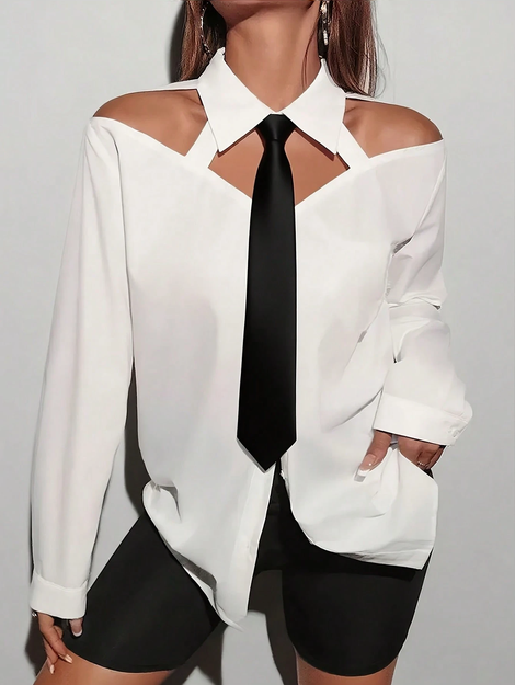 Women's Elegant Hollow-Out Sexy Open Shoulder Contrast Color Tie Neck Long Sleeve Blouse