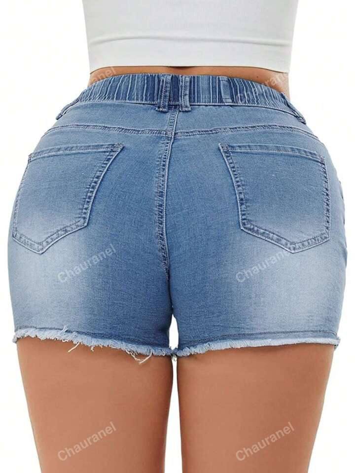 Women's Elastic Waist Distressed Raw Hem Denim Shorts