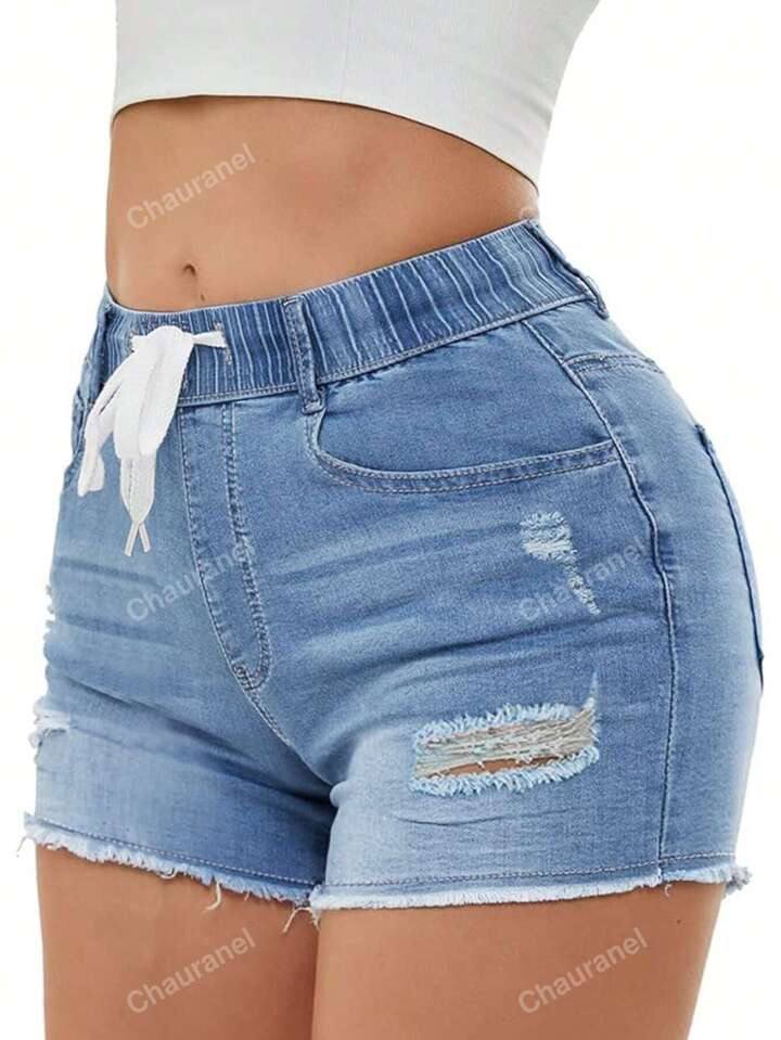 Women's Elastic Waist Distressed Raw Hem Denim Shorts