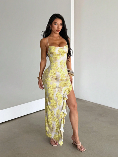 Yellow Floral Print Knit Dress