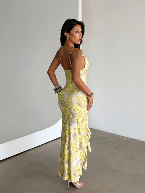 Yellow Floral Print Knit Dress