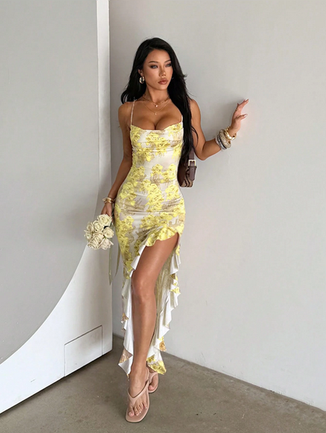 Yellow Floral Print Knit Dress