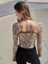 SHEIN Zebra Stripe Lace Trim Rib Knit Crop Top