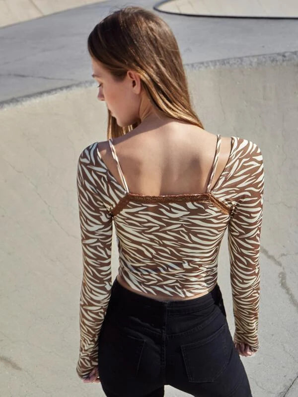 SHEIN Zebra Stripe Lace Trim Rib Knit Crop Top