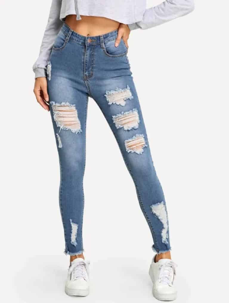 Ripped Raw Hem Faded Wash Jeans