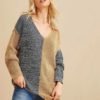 Two Tone V-Neck Drop Shoulder Sweater