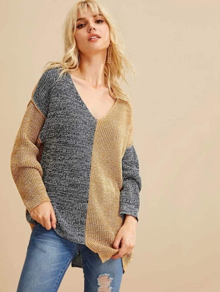 Two Tone V-Neck Drop Shoulder Sweater