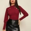 Mock Neck Gigot Sleeve Buttoned Rib-Knit Top