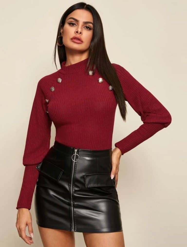 Mock Neck Gigot Sleeve Buttoned Rib-Knit Top