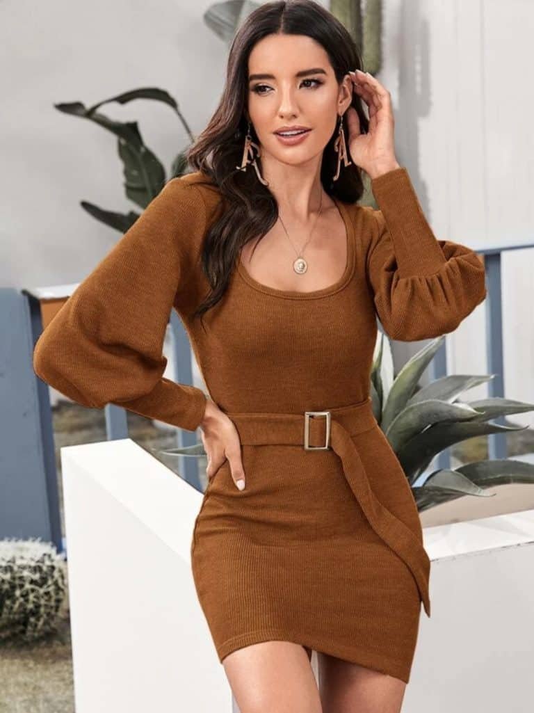 Bishop Sleeve Belted Bodycon Sweater Dress