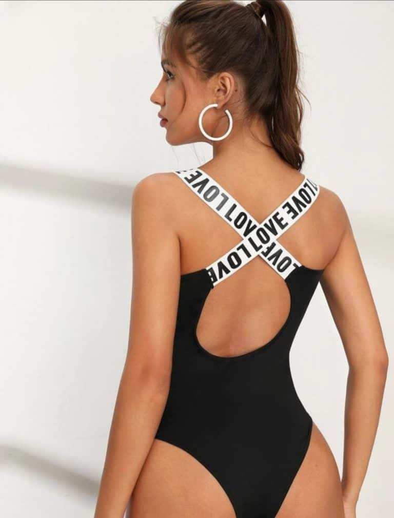 Criss Cross Tape Contrast Backless Bodysuit