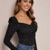 Sweetheart Neck Gigot Sleeve Polka-Dot Top