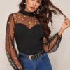 Pearl Beaded Sheer Mesh Sweetheart Top