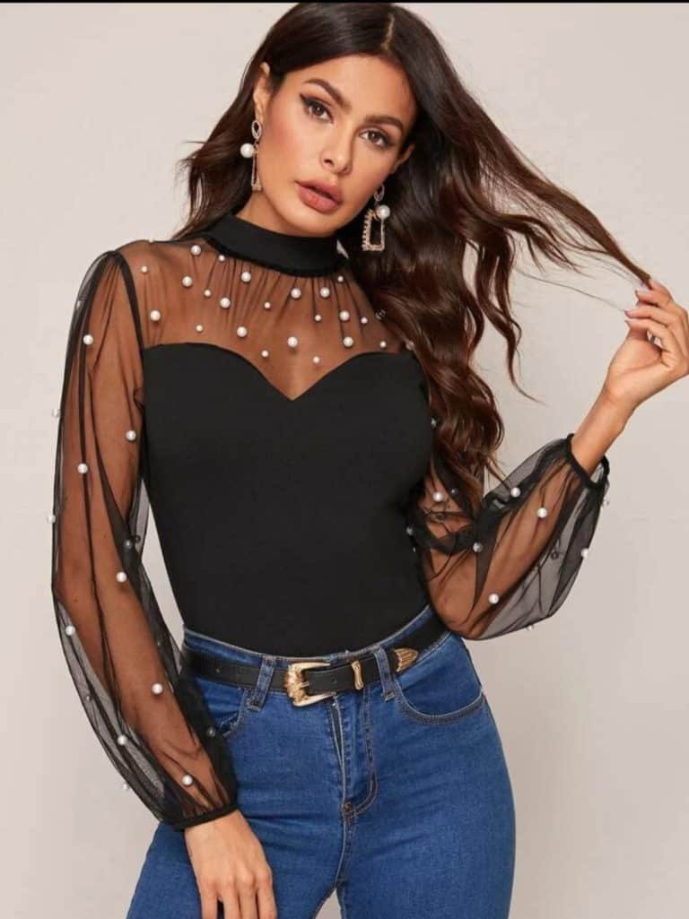 Pearl Beaded Sheer Mesh Sweetheart Top