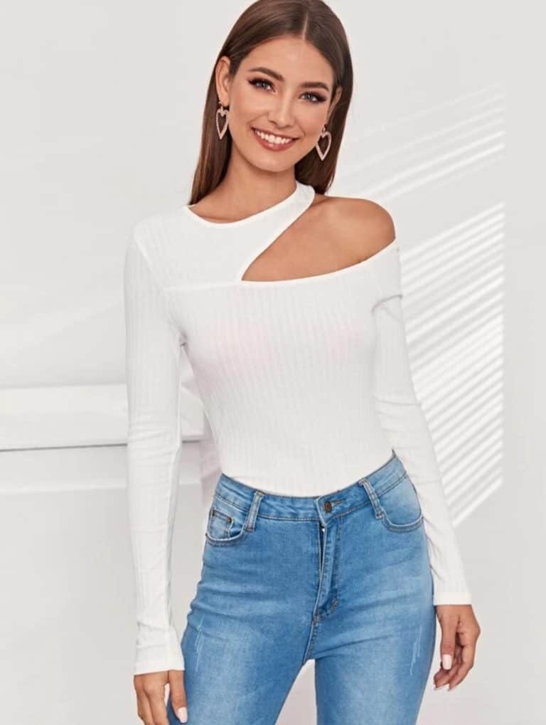 Asymmetric Cutout Neck Ribbed Tee