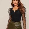 Notch Neck Dobby Mesh Gigot Sleeve Rib-Knit Top