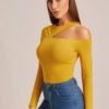 Asymmetrical Neck Rib-Knit Fitted Top