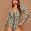Snakeskin Print Square Neck Skinny Bodysuit