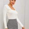 Solid Button Detail Rib-Knit Sweater