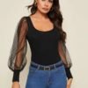 Dobby Mesh Lantern Sleeve Rib-Knit Fitted Top