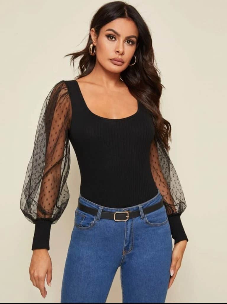 Dobby Mesh Lantern Sleeve Rib-Knit Fitted Top