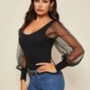 Dobby Mesh Lantern Sleeve Rib-Knit Fitted Top