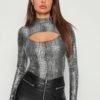 Mock Neck Cutout Front Crocodile Embossed Top
