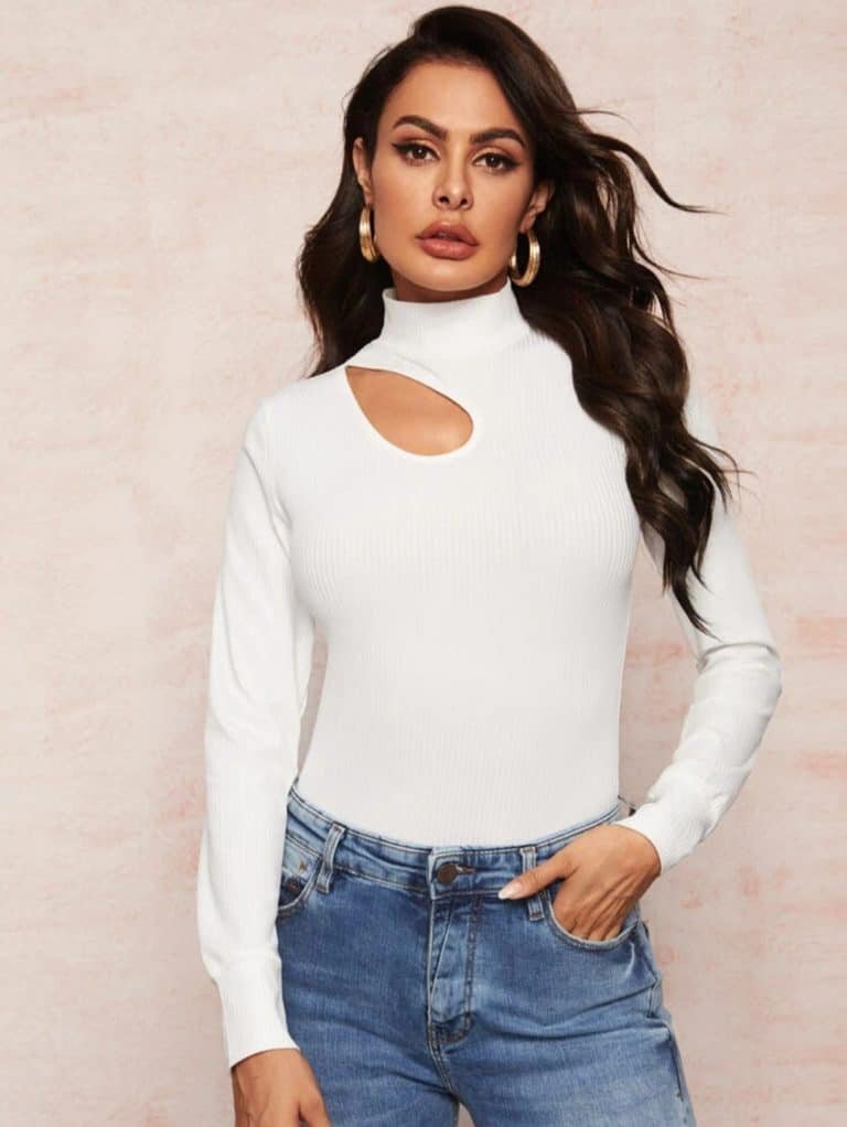 Solid High Neck Cut Out Ribbed Tee