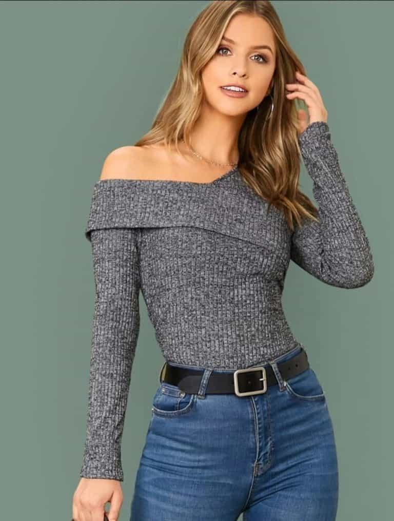 Foldover Asymmetrical Neck Rib-Knit Marled Top