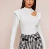 Mock-Neck Cutout Detail Ruffle Trim Top