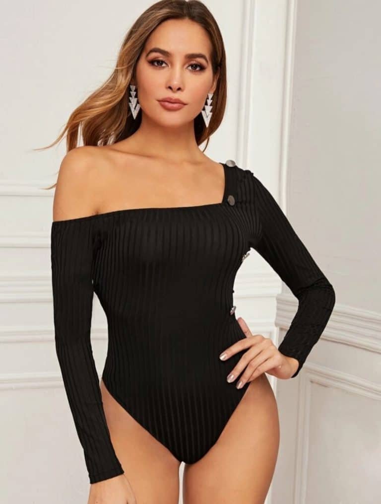 Asymmetrical Neck Button Detail Ribbed Bodysuit