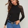 Mock-Neck Lace Panel Raglan Sleeve Fitted Tee