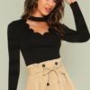 Choker V Neck Scallop Trim Tee