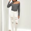 Asymmetrical Neck Rib-Knit Slim Tee